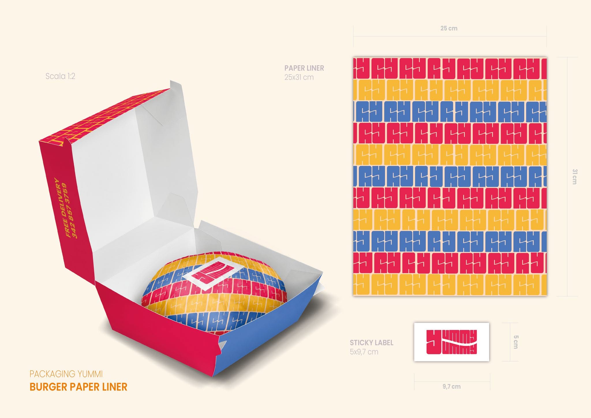 Packaging Yummi: confezione aperta e pattern del burger paper liner