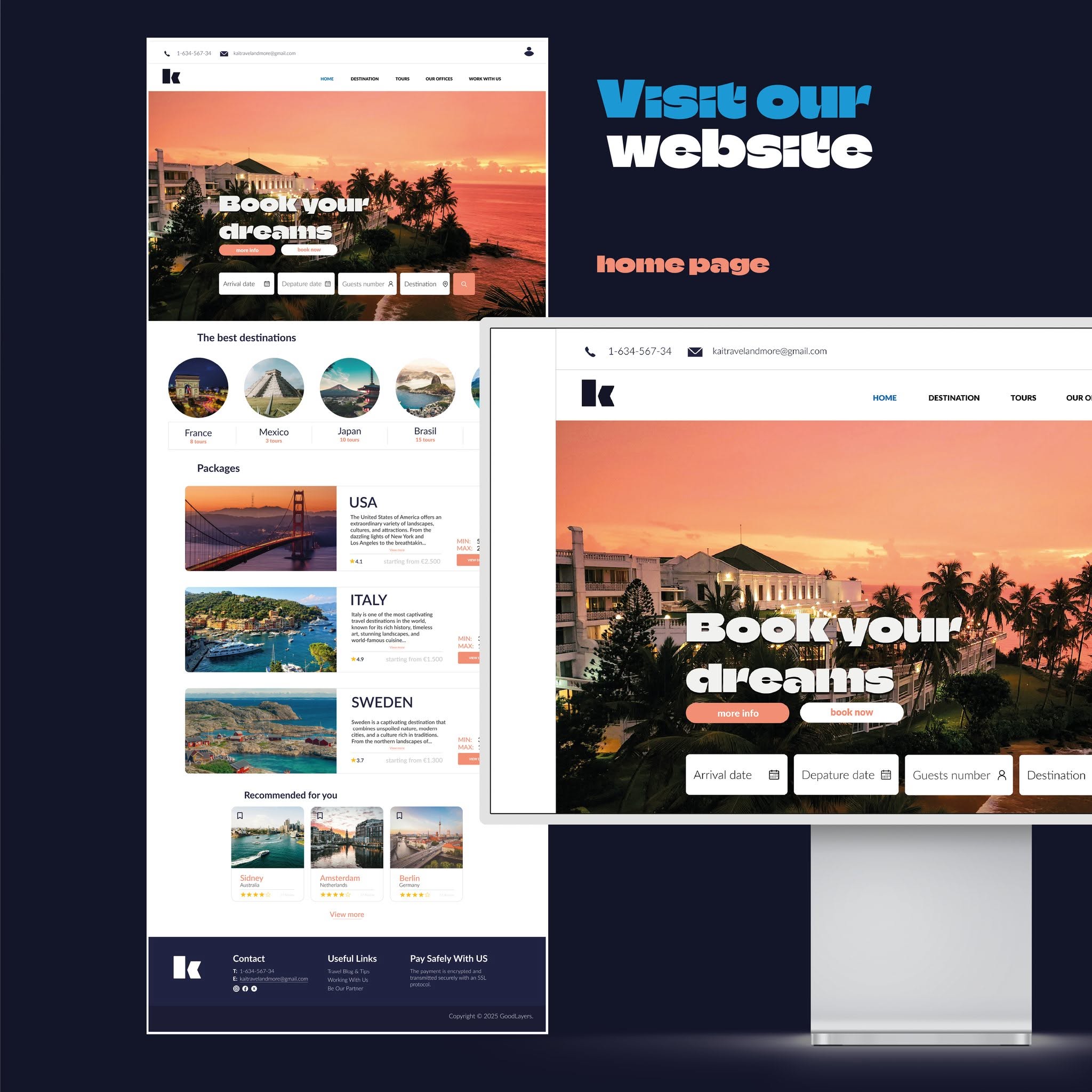 Progetto web per viaggi: home page e mockup desktop